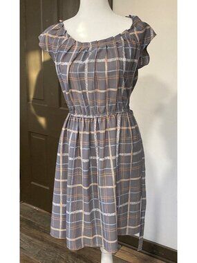 LC Lauren Conrad Women's Gray Plaid Pleated Neck Cap Sleeve Midi Blouson Dress